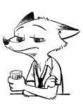  anthro black_and_white canid canine cheek_tuft chest_tuft clothed clothing crossed_arms cup dipstick_ears disney fox fuel_(artist) half-closed_eyes head_tuft holding_object male mammal monochrome necktie nick_wilde simple_background solo tuft white_background zootopia 