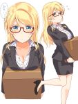  1girl ayase_eli bespectacled black_footwear black_skirt blonde_hair blush box breast_rest breasts cardboard_box carried_breast_rest cleavage collarbone collared_shirt commentary_request flying_sweatdrops formal frown glasses high_heels holding holding_box long_hair long_sleeves love_live! love_live!_school_idol_project medium_breasts mogu_(au1127) multiple_views pencil_skirt pinstripe_pattern pinstripe_shirt red-framed_eyewear semi-rimless_eyewear shirt sidelocks skirt skirt_suit standing standing_on_one_leg striped suit sweatdrop translation_request under-rim_eyewear 