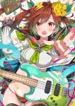  1girl :o bass_guitar black_legwear black_panties black_sailor_collar blurry blush breasts brown_eyes brown_hair commentary_request cowboy_shot depth_of_field electric_guitar fang floral_print flower foreshortening fuku_kitsune_(fuku_fox) gradient_hair green_hair green_neckwear groin guitar hair_flower hair_ornament hand_up highres holding instrument long_hair long_sleeves looking_at_viewer lying medium_breasts multicolored_hair necktie no_pants on_back open_mouth original panties reaching_out sailor_collar school_uniform serafuku shirt short_necktie solo stomach thighhighs twintails underwear white_shirt yellow_flower 