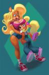  2019 anthro bandicoot big_breasts blonde_hair breasts clothed clothing coco_bandicoot computer crash_bandicoot_(series) duo female flo flower fur green_eyes hair hi_res hug laptop long_hair mammal marsupial naughty_dog open_mouth plant simple_background smile sony_corporation sony_interactive_entertainment tawna_bandicoot video_games 