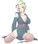  1girl absurdres blonde_hair breasts bruise cleavage collarbone detached_sleeves facial_scar gintama grey_kimono grey_legwear grey_sleeves hair_bun head_tilt highres injury japanese_clothes kimono kunai large_breasts long_sleeves looking_at_viewer paleatus pink_eyes scar scar_on_cheek short_hair simple_background sitting sleeveless sleeveless_kimono solo thighhighs torn_clothes torn_kimono torn_sleeves tsukuyo_(gintama) weapon white_background 