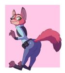  anthro belt border bulletproof_vest butt butt_pose canid canine cheek_tuft clothed clothing crossgender dipstick_ears dipstick_tail disney female fox fuel_(artist) furgonomics green_eyes looking_at_viewer mammal multicolored_tail nick_wilde pink_background police_uniform red_fox simple_background solo standing tail_clothing toeless_shoes tuft uniform utility_belt white_border zootopia 