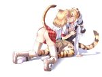  2girls absurdres all_fours animal_ear_fluff animal_ears animal_print anus arched_back arm_support ass asymmetrical_docking bangs bare_arms black_hair blonde_hair boots bow boy_(pixiv17542438) breast_grab breast_press breasts brown_hair brown_skirt buttons cleavage cleft_of_venus collarbone collared_shirt eyebrows_visible_through_hair eyes_closed face-to-face full_body furrowed_eyebrows gluteal_fold grabbing groping hair_bow half-closed_eye highres kemono_friends kiss leaning_back leaning_forward lion_(kemono_friends) lion_ears lion_tail long_hair long_sleeves looking_at_another low-tied_long_hair multicolored_hair multiple_girls necktie no_panties open_clothes open_shirt paw_boots plaid plaid_skirt plaid_sleeves print_legwear pussy red_skirt shadow shirt short_sleeves siberian_tiger_(kemono_friends) simple_background sitting skirt streaked_hair sweater_vest tail tail_raised thighhighs tiger_ears tiger_print tiger_tail twintails unbuttoned undone_necktie white_background white_footwear white_hair white_legwear white_shirt wing_collar yellow_eyes yuri 