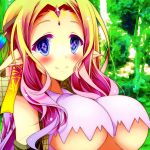  1girl blonde_hair blue_eyes blush breasts closed_mouth elf feel_nilvalen forehead_jewel gradient_hair hair_ornament highres large_breasts long_hair looking_at_viewer mimi0846 multicolored_hair no_game_no_life pointy_ears smile solo symbol-shaped_pupils underboob very_long_hair 