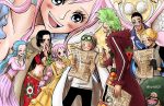  4girls 5boys bartolomeo black_hair blonde_hair boa_hancock bon_clay coby dress green_hair journal long_dress multiple_boys multiple_girls nefertari_vivi one_piece rebecca_(one_piece) rose_hair sabo_(one_piece) shirahoshi smile 