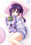  1girl dress from_above gochuumon_wa_usagi_desu_ka? hair_between_eyes hair_ornament hairclip long_hair long_sleeves lying on_side pillow pink_pillow purple_eyes purple_hair shiny shiny_hair solo sparkle striped striped_sweater stuffed_animal stuffed_toy sweater sweater_dress tedeza_rize twintails yu01914 