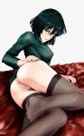  1girl absurdres anus ass bangs black_hair black_legwear blunt_bangs bottomless breasts dress erect_nipples feet female fubuki_(one-punch_man) green_eyes hand_on_ass highres jewelry lips medium_breasts nail_polish naughty_face necklace no_panties no_shoes one-punch_man picantium pubic_hair pussy short_hair smile solo thighhighs uncensored 