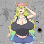  1boy 1girl anal anus aqua_hair ass blonde_hair blush breasts cleavage clitoris erect_nipples eyes_closed gradient_hair heart hetero highres horns horu_111 huge_breasts kobayashi-san_chi_no_maidragon long_hair looking_at_viewer lying monochrome multicolored_hair open_mouth pussy quetzalcoatl_(maidragon) simple_background smile spread_legs spread_pussy teeth thick_thighs thighs tongue uncensored 