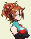  1girl alternate_hairstyle android android_21 bangs black-framed_eyewear blue_hair breasts checkered checkered_dress crossed_arms detached_sleeves dragon_ball dragon_ball_fighterz dress earrings glasses hoop_earrings jewelry looking_at_viewer medium_breasts ponytail red_hair red_ribbon red_ribbon_army ribbon shirt sleeveless sleeveless_shirt solo tied_hair two-tone_dress upper_body white_background 