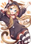  1girl :d animal_ear_fluff animal_ears arm_up bangs black_hoodie blue_eyes brown_hair cat_ears cat_girl cat_tail collarbone commentary_request drawstring ears_through_headwear fang flower hand_up highres hood hoodie long_hair long_sleeves looking_at_viewer low_twintails notice_lines open_mouth original pink_flower sakura_ani smile solo striped striped_legwear tail thighhighs twintails 