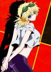  1girl arms_behind_back blonde_hair blue_eyes crop_top eyebrows_visible_through_hair from_side goggles goggles_on_head grey_shirt hair_between_eyes head_tilt hellsing kurobe_sclock looking_back midriff off-shoulder_shirt off_shoulder pants purple_pants red_background seras_victoria shadow shirt short_hair short_sleeves smile solo 