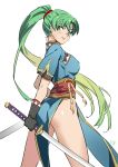  1girl ass earrings fingerless_gloves fire_emblem fire_emblem:_rekka_no_ken gloves green_eyes green_hair high_ponytail highres jewelry long_hair looking_at_viewer lyndis_(fire_emblem) nanaya_(daaijianglin) nintendo pelvic_curtain ponytail side_slit simple_background smile solo sword weapon white_background 