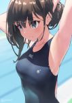  1girl armpits bangs black_hair blue_eyes breasts commentary_request competition_swimsuit eyebrows_visible_through_hair from_side highres jonsun long_hair medium_breasts one-piece_swimsuit poolside solo ssss.gridman swimsuit takarada_rikka tying_hair 