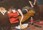  1girl :i bag_of_chips bangs bare_arms bare_shoulders black_hair blanket blunt_bangs bottle breasts brown_pants can cat cellphone chips cleavage closed_mouth coke controller couch eating feet_up flip-flops food full_body green_eyes highres holding holding_cellphone holding_phone joy-con jun_(seojh1029) looking_at_phone medium_breasts on_couch original pants phone plant potted_plant remote_control sandals short_hair smartphone soda_bottle soda_can solo tank_top tareme track_pants tray wavy_mouth 