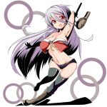  1girl armpits black_legwear boots breasts cleavage denim denim_shorts fang large_breasts long_hair nana_(mogs1225) original red_eyes shorts silver_hair simple_background smile solo very_long_hair white_background 