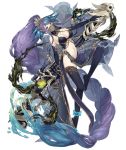  1girl absurdly_long_hair anklet anti-materiel_rifle aqua_eyes bracelet braid breasts dancer elbow_gloves fins full_body gloves gold_trim gun huge_weapon jewelry ji_no large_breasts long_hair looking_at_viewer navel ningyo_hime_(sinoalice) official_art pelvic_curtain ponytail purple_eyes revealing_clothes rifle see-through sinoalice sniper_rifle solo thighhighs transparent_background veil very_long_hair water weapon 