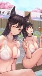  2girls ;) alternate_costume animal_ears arm_at_side atago_(azur_lane) atago_(midsummer_march)_(azur_lane) azur_lane bangs bikini black_choker black_hair blue_sky blunt_bangs blush bow bow_bikini breasts brown_eyes cherry_blossoms choker cleavage closed_mouth cloud cloudy_sky commentary_request criss-cross_halter dango day extra_ears eyebrows_visible_through_hair eyelashes flower food groin hair_bow hair_flower hair_ornament hair_ribbon halter_top halterneck head_tilt highres holding holding_food lace lace_choker large_breasts legs_crossed long_hair looking_at_viewer mole mole_under_eye multiple_girls navel one_eye_closed onsen outdoors outstretched_arm partially_submerged petals ponytail reaching_out ribbon self_shot sidelocks sitting skewer sky smile soaking_feet swept_bangs swimsuit takao_(azur_lane) takao_(beach_rhapsody)_(azur_lane) taking_picture thighs tree very_long_hair wagashi water white_bikini white_bow white_choker white_ribbon white_swimsuit wuguno_ziran_juan yellow_eyes 