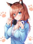  1girl animal_ear_fluff animal_ears bangs black_hairband blue_cardigan blue_eyes breasts cat_ears cleavage closed_mouth collarbone fake_animal_ears go-toubun_no_hanayome hair_between_eyes hairband hands_up headphones headphones_around_neck highres large_breasts lkeris long_hair long_sleeves looking_at_viewer nakano_miku paw_background paw_pose red_hair school_uniform shirt sidelocks simple_background smile solo twitter_username upper_body white_background white_shirt 