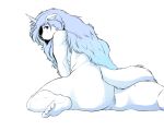 anthro anus aoino_broome breasts canid canine female hair horn long_hair looking_at_viewer looking_back mammal nude plantigrade pussy red_eyes side_boob simple_background sitting solo white_background 