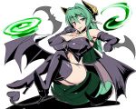  1girl blue_eyes breasts demon_girl demon_tail demon_wings green_hair huge_breasts long_hair nana_(mogs1225) original pointy_ears simple_background solo succubus tail very_long_hair white_background wings 