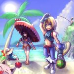  1girl black_hair blonde_hair blue_eyes boots breasts closed_mouth cloud collarbone commentary_request final_fantasy final_fantasy_ix fishing_rod food fruit garnet_til_alexandros_xvii gloves hat highres long_hair looking_at_viewer midriff moogle mountain multiple_boys navel ocean oomasa_teikoku orange_swimsuit palm_tree sandals shade shochuumimai smile sun sweat swimsuit tail tree vivi_ornitier watermelon zidane_tribal 