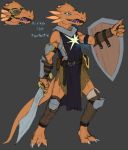  3_toes 4_fingers ambiguous_gender anthro claws clothing digital_media_(artwork) eyewear frostwyrm102 goggles kobold orange_scales scales scalie simple_background toes weapon 