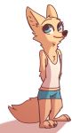  anthro arctic_fox barefoot blue_eyes canid canine cheek_tuft chest_tuft claws clothed clothing disney female fox fuel_(artist) hands_behind_back looking_up mammal midriff neck_tuft shirt simple_background skye_(zootopia) smile solo standing tank_top toe_claws tuft white_background zootopia 