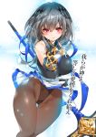  &gt;:) 1girl azur_lane bangs bare_shoulders black_legwear blush breasts brown_legwear closed_mouth eyebrows_visible_through_hair gauntlets grey_hair hair_between_eyes hair_ornament hand_on_own_chest highleg highleg_leotard holding holding_spear holding_weapon large_breasts left-handed leotard leotard_under_clothes long_hair looking_at_viewer miniskirt mole mole_under_eye pantyhose pleated_skirt polearm red_eyes saint-louis_(azur_lane) skirt smile solo spear sugihara_(sugihara2000) thigh_gap translation_request v-shaped_eyebrows weapon white_skirt 