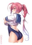  1girl cowboy_shot ebifurya from_side hair_ribbon highres i-168_(kantai_collection) kantai_collection long_hair one-piece_swimsuit pink_hair ponytail red_hair ribbon school_swimsuit school_uniform serafuku solo swimsuit swimsuit_under_clothes twitter_username undressing 
