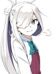  1girl ahoge asashimo_(kantai_collection) bow bowtie flat_chest grey_eyes hair_over_one_eye halterneck kantai_collection long_hair looking_at_viewer moti_coi ponytail school_uniform shirt silver_hair simple_background smile smug solo upper_body white_background white_shirt 