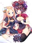 2girls :3 :d :p abigail_williams_(fate/grand_order) alternate_costume animal bangs black_bow black_panties blonde_hair blue_eyes blush bow breasts china_dress chinese_clothes cleavage cleavage_cutout closed_mouth commentary_request double_bun dress dress_lift eyebrows_visible_through_hair fate/grand_order fate_(series) floral_print flower garter_straps hair_flower hair_ornament highres katsushika_hokusai_(fate/grand_order) lace lace-trimmed_panties large_breasts long_hair looking_at_viewer masayo_(gin_no_ame) medium_breasts multiple_girls octopus open_mouth orange_bow panties parted_bangs polka_dot polka_dot_bow purple_eyes purple_hair short_hair side-tie_panties side_slit sitting smile thighhighs tokitarou_(fate/grand_order) tongue tongue_out underwear very_long_hair wariza wristband 