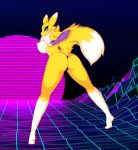  1990s anthro armwear big_butt breasts bridal_gauntlets butt clothing cocaine-leopard digimon digimon_(species) female fluffy fur hi_res long_legs pose rear_view renamon side_boob solo standing thong vaporwave yellow_fur 