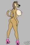  big_breasts breasts canid canine canis clothing crossgender cursed_image domestic_dog dukey female footwear hi_res high_heels huge_breasts illis mammal rear_shot shoes side_boob 