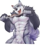  2019 abs absurd_res anthro biceps canid canine canis digital_media_(artwork) fur hi_res male mammal mokarakom muscular muscular_male pecs simple_background solo tiger_est wolf 