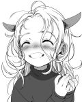  1girl ahoge blush bosako_(haguhagu) bug eyes_closed greyscale haguhagu_(rinjuu_circus) highres horns insect ladybug long_hair messy_hair monochrome original smile sweater turtleneck turtleneck_sweater 