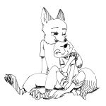  2019 anthro barefoot black_and_white blush canid canine claws clothed clothing crossed_legs dipstick_ears dipstick_tail disney duo female fox fuel_(artist) hand_holding hand_on_shoulder hi_res judy_hopps lagomorph male male/female mammal monochrome multicolored_tail nick_wilde one_eye_closed pawpads rabbit simple_background sitting smile toe_claws white_background zootopia 