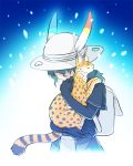  1girl animalization backpack bag black_gloves black_shirt commentary_request eyebrows_visible_through_hair eyes_closed gloves green_hair hat hat_feather hug inukoro_(spa) kaban_(kemono_friends) kemono_friends long_hair serval serval_(kemono_friends) shirt short_sleeves tears white_headwear 