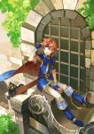  1boy animal black_cat blue_eyes boots cape cat fingerless_gloves fire_emblem fire_emblem:_fuuin_no_tsurugi gloves headband nintendo noki_(affabile) pet roy_(fire_emblem) sitting solo 