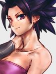  &gt;:) 1girl arm_at_side bangs bare_shoulders big_hair black_hair bracer breasts caulifla cleavage closed_mouth collarbone commentary_request dragon_ball dragon_ball_super female grey_background hand_on_own_neck hand_up looking_at_viewer medium_breasts neck parted_bangs purple_eyes purple_tubetop short_hair simple_background smile solo spiked_hair st62svnexilf2p9 strapless tubetop upper_body 