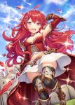  1girl akkijin belt blue_eyes breasts brown_gloves cleavage gloves hair_ornament holding holding_sword holding_weapon looking_at_viewer looking_down medium_breasts official_art red_hair shinkai_no_valkyrie sword thighhighs weapon 