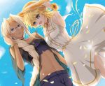  2girls alucard_(hellsing) blonde_hair blue_feathers blue_pants blue_sky braid braided_ponytail collarbone collared_dress crop_top dress dutch_angle earrings feather_earrings flower from_below glasses groin hair_intakes hair_over_shoulder hand_in_hair hat hellsing highres jewelry kurobe_sclock long_hair looking_at_viewer midriff multiple_girls navel pants petals ribbon round_eyewear see-through seras_victoria short_dress silver_hair single_braid sky sleeveless sleeveless_dress standing stomach straw_hat sun_hat sundress sunflower white_dress wrist_flower yellow_flower yellow_headwear yellow_ribbon 