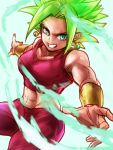  1girl aura blonde_hair bracer breasts collarbone commentary_request dragon_ball dragon_ball_super earrings fusion glowing glowing_hair jewelry kefla_(dragon_ball) looking_at_viewer medium_breasts midriff navel pants potara_earrings red_pants red_shirt shirt simple_background smile solo spiked_hair st62svnexilf2p9 stomach super_saiyan tank_top toned 