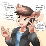  alfa995 anthro black_nose brown_eyes brown_hair cellphone clothing eyebrows hair jacket joey_(alfa995) looking_up macropod male mammal marsupial open_mouth orange_background phone shirt simple_background solo speech_bubble 