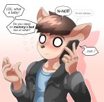  alfa995 anthro black_nose blush brown_hair cellphone clothing eyebrows hair jacket joey_(alfa995) macropod male mammal marsupial o_o phone pink_background shirt simple_background solo speech_bubble wavy_mouth 