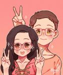  1boy 1girl :p artist_name blush brown_eyes brown_hair double_v glasses gradient gradient_background hanaan hands_up highres long_hair looking_at_viewer orange_shirt original outline pink_background pink_shirt red-framed_eyewear shirt short_hair smile sparkle tongue tongue_out upper_body v white_outline yellow_eyes 