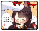  &gt;_&lt; 1boy 1girl :d akagi_(azur_lane) animal_ears azur_lane bangs black_hair blunt_bangs breasts chibi cleavage commander_(azur_lane) commentary_request detached_collar eyebrows_visible_through_hair fox_ears fox_girl fox_tail gloves hair_tubes hands_on_own_cheeks hands_on_own_face headpat japanese_clothes kyuubi long_hair multiple_tails out_of_frame sidelocks simple_background size_difference smile tail taisa_(kari) translated white_gloves wide_sleeves xd 