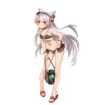  1girl alternate_costume amatsukaze_(kantai_collection) bangs bare_shoulders bikini blush bracelet brown_eyes choker closed_mouth collarbone commentary_request eyebrows_visible_through_hair food frilled_swimsuit frills fruit hair_between_eyes hair_tubes hairband hand_on_hip highres holding jewelry kantai_collection lifebuoy long_hair looking_at_viewer melon navel nemo_(leafnight) sailor_collar sandals school_uniform serafuku silver_hair simple_background solo standing swimsuit two_side_up very_long_hair white_background 