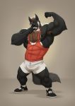  2019 5_fingers abs anthro armpit_hair beard biceps body_hair bulge canid canine canis chest_hair clothed clothing digital_media_(artwork) facial_hair flexing footwear fur furrybob hair hi_res male mammal muscular muscular_male nipples pecs shirt shoes shorts simple_background solo standing tank_top whistle_(object) wolf 