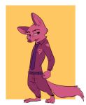  anthro badge barefoot belt border canid canine cheek_tuft claws clothed clothing disney fox fuel_(artist) half-closed_eyes male mammal necktie nick_wilde police_badge police_uniform restricted_palette simple_background solo standing toe_claws tuft uniform warm_colors white_border yellow_background zootopia 