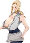  1girl areolae bare_shoulders barefoot blonde_hair blush breasts breasts_outside brown_eyes cleavage grin highres huge_breasts long_hair looking_at_viewer nail_polish naruto naruto_(series) naruto_shippuuden nipples smile solo standing tsunade 